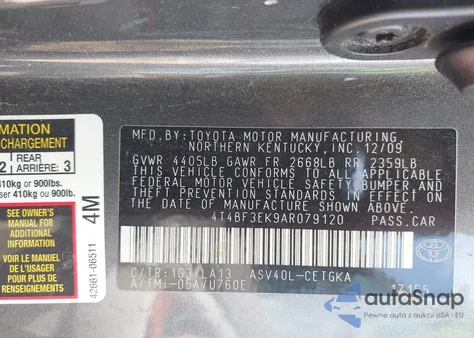 2010 Toyota Camry Xle z USA, uszkodzony, nr VIN 4T4BF3EK9AR079120